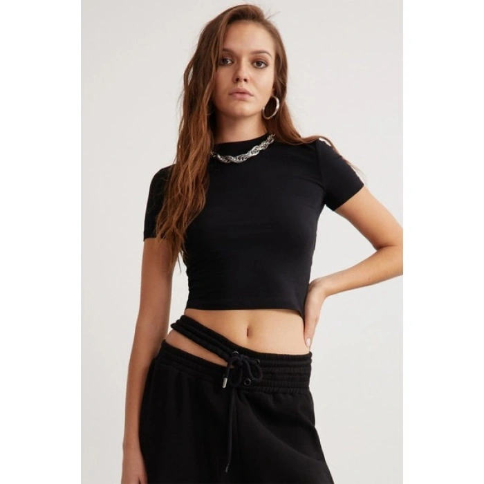Grimelange Nıara Kadın Pamuk Elastan Bisiklet Yaka Kısa Kollu Slim Fit Crop Siyah Büstiyer