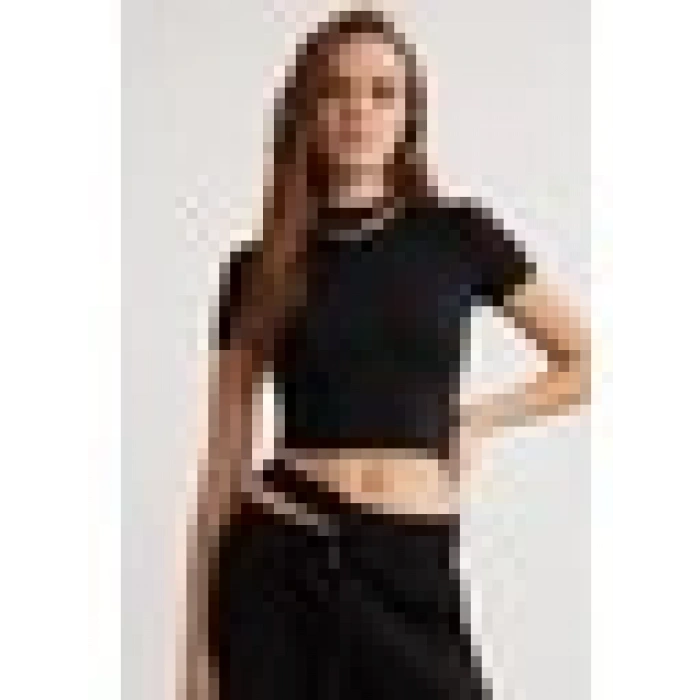 Grimelange Nıara Kadın Pamuk Elastan Bisiklet Yaka Kısa Kollu Slim Fit Crop Siyah Büstiyer
