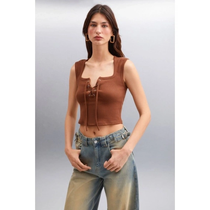 Grimelange PAOLINA Kadın Crop Kahverengi Bluz