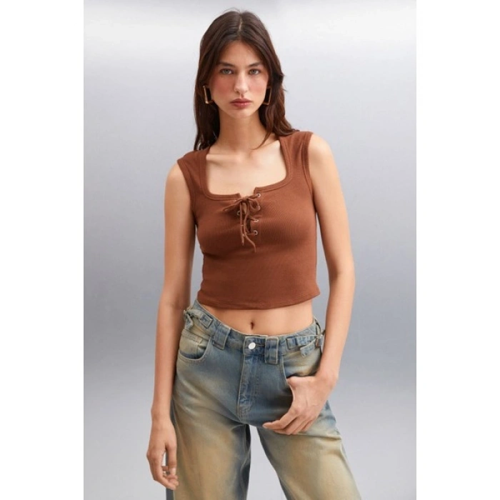 Grimelange PAOLINA Kadın Crop Kahverengi Bluz