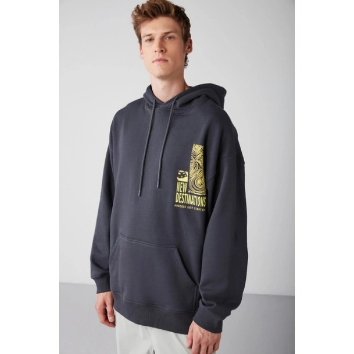 Grimelange Process Erkek Içi Polarlı Poster Baskılı Kapüşonlu Kordonlu Antrasit Sweatshirt