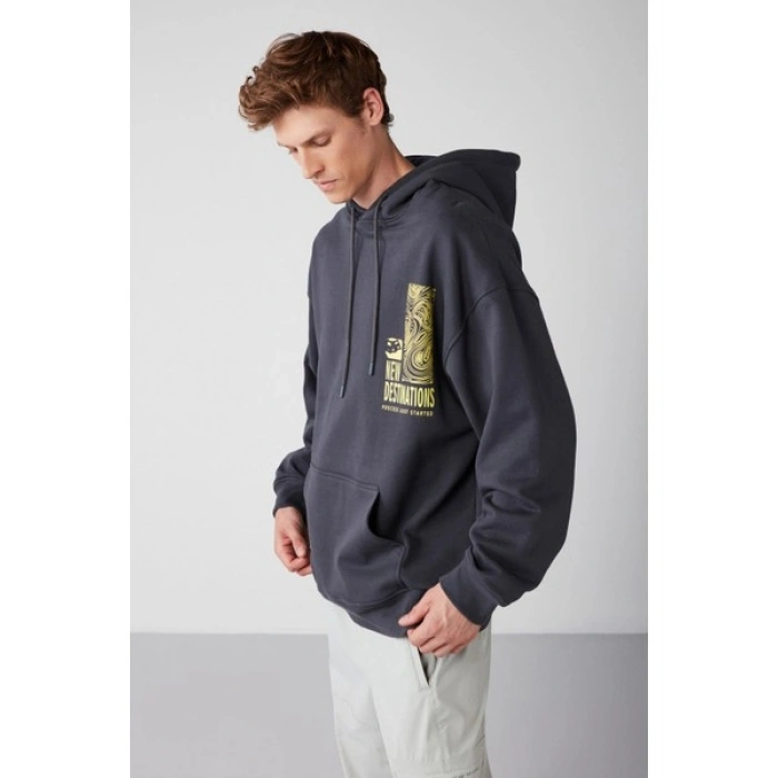 Grimelange Process Erkek Içi Polarlı Poster Baskılı Kapüşonlu Kordonlu Antrasit Sweatshirt