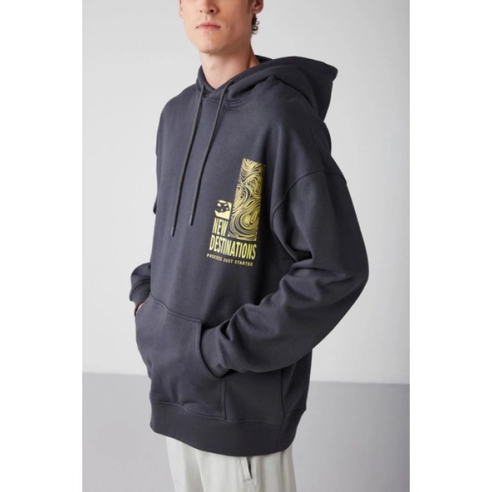 Grimelange Process Erkek Içi Polarlı Poster Baskılı Kapüşonlu Kordonlu Antrasit Sweatshirt