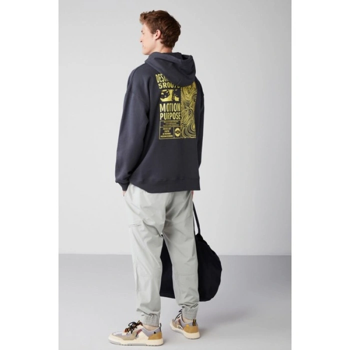 Grimelange Process Erkek Içi Polarlı Poster Baskılı Kapüşonlu Kordonlu Antrasit Sweatshirt