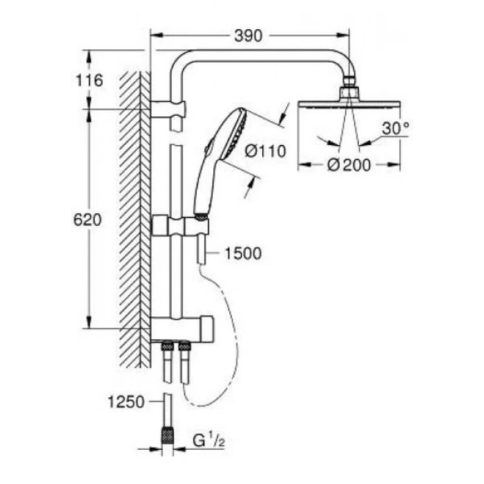 Grohe Tempesta System 200 Duvar Bağlantılı, Divertörlü Duş Sistemi - 27389003