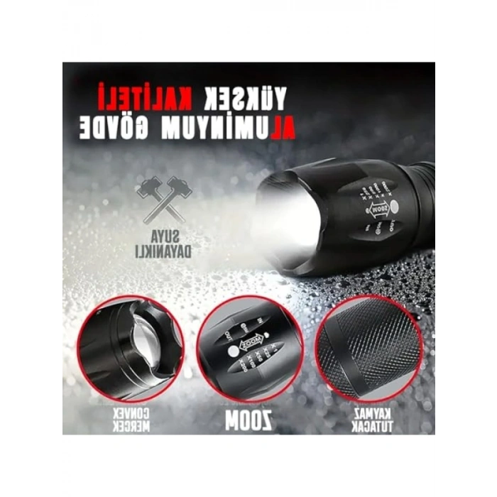 Güçlü LED El Feneri, 10W, 5 Mod, Zoom Özellikli