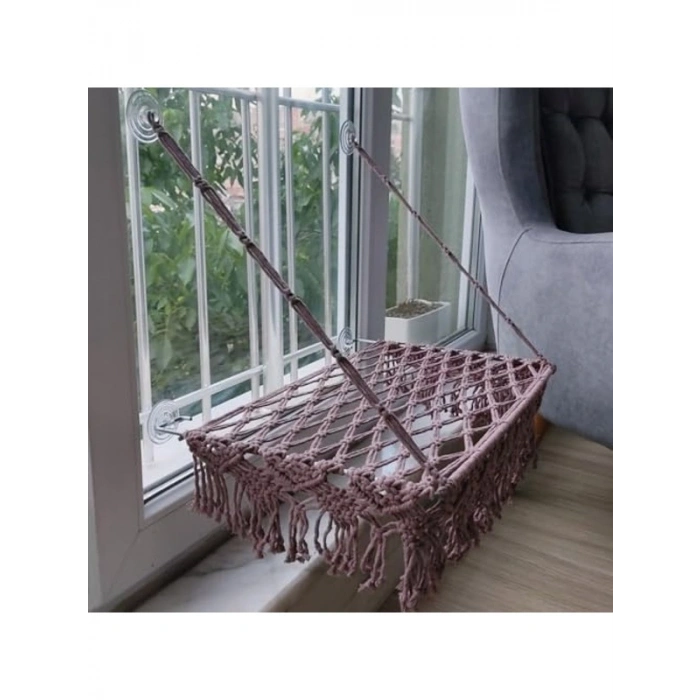 Gül Grisi Vantuzlu Makrome Kedi Yatağı