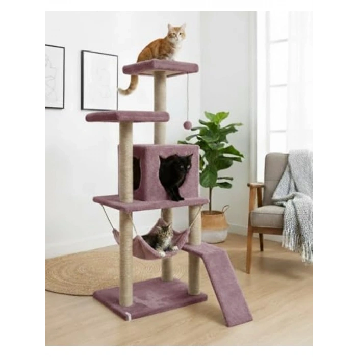 Gül Kurusu Renkli 124 cm Kedi Tırmalama Kulesi - Platformlu Tasarım