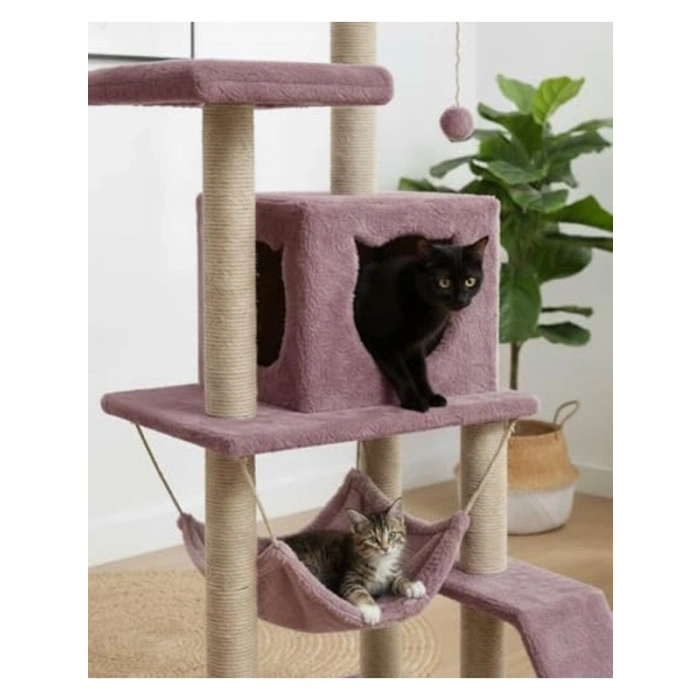 Gül Kurusu Renkli 124 cm Kedi Tırmalama Kulesi - Platformlu Tasarım