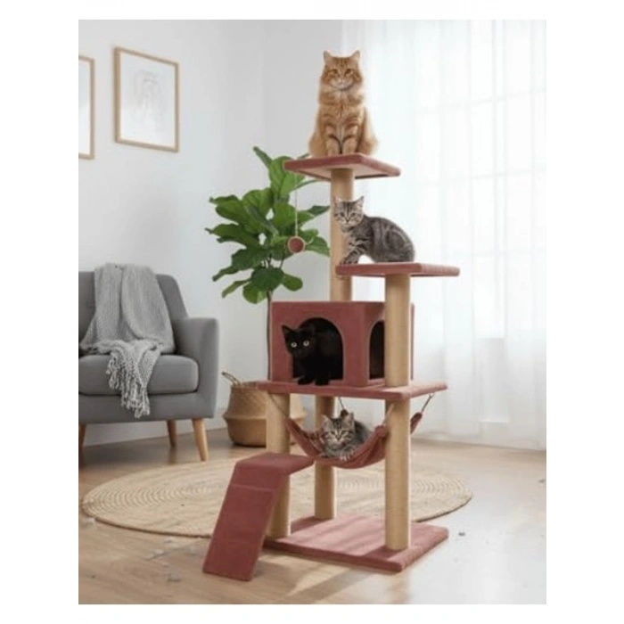 Gül Kurusu Renkli Hamaklı Lüx Kedi Tırmalama Oyun Evi