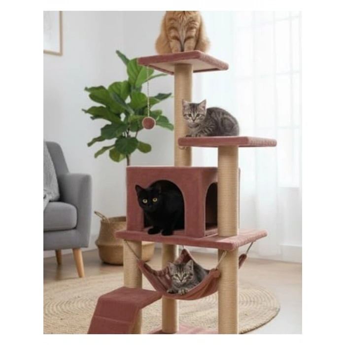 Gül Kurusu Renkli Hamaklı Lüx Kedi Tırmalama Oyun Evi