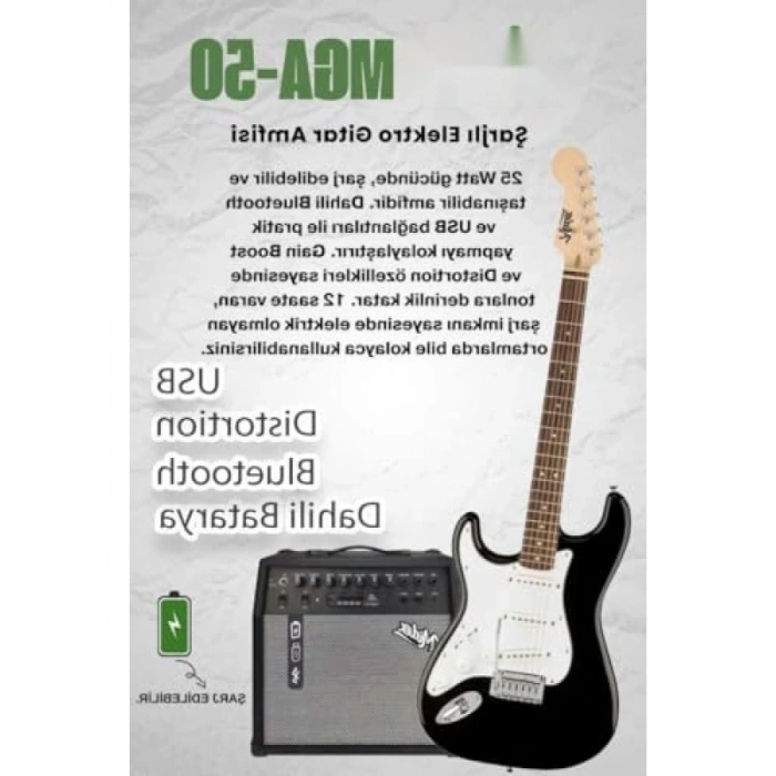Gül Renkli Elektro Gitar Seti: 50W Amfili