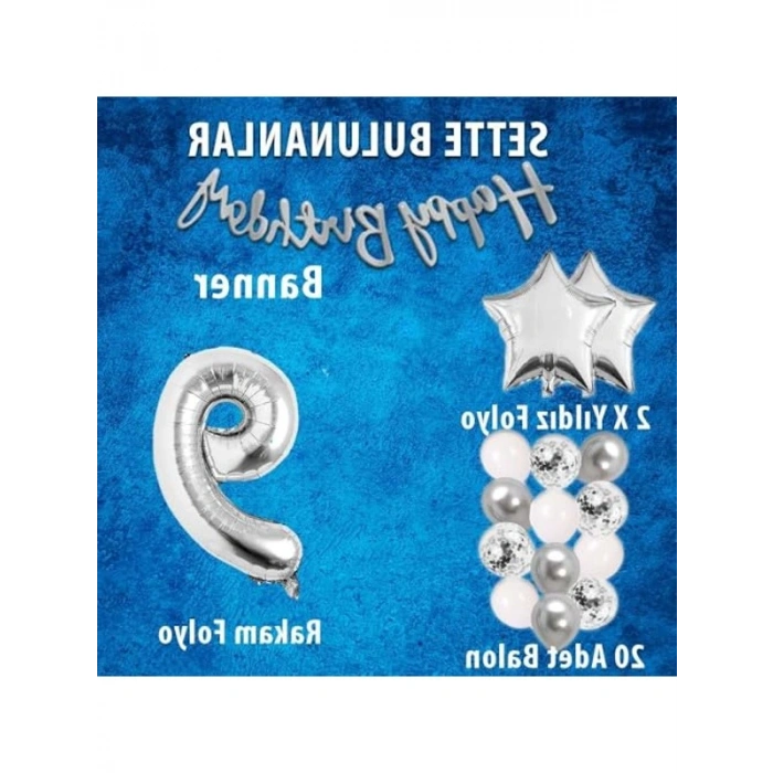 Gümüş Konsept Doğum Günü Kutlama Seti, Beyaz ve Gümüş