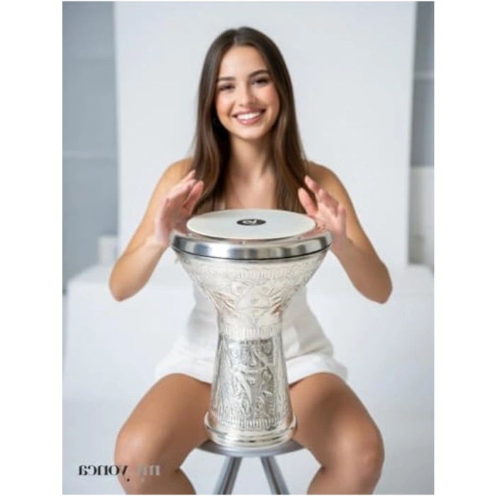Gümüş Renkli El Yapımı Alüminyum Darbuka, Taşıma Kılıfı Dahil