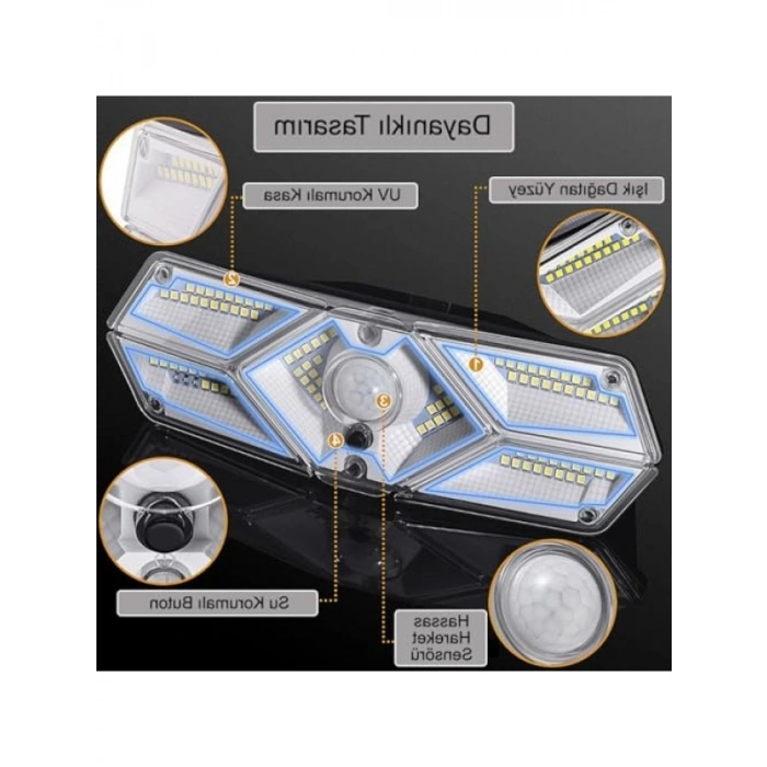 Güneş Enerjili Hareket Sensörlü LED Aydınlatma, 6 Taraflı, 104 LED