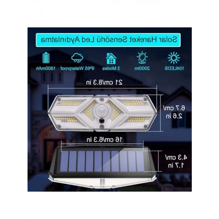 Güneş Enerjili Hareket Sensörlü LED Aydınlatma, 6 Taraflı, 104 LED