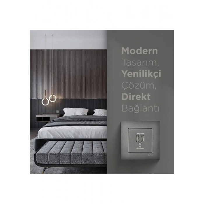 Günsan Elektrik Eqona Füme 2 USB Çıkışlı Şarj Prizi 5V 2.1A
