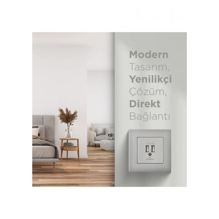 Günsan Elektrik Eqona Gümüş 2 USB Çıkışlı Şarj Prizi 5V 2.1A