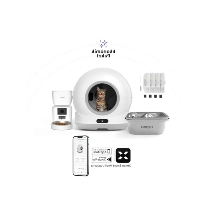 Hareket algılamalı kameraya sahip kedi tuvaleti ve çelik su pınarı ile başlangıç seti