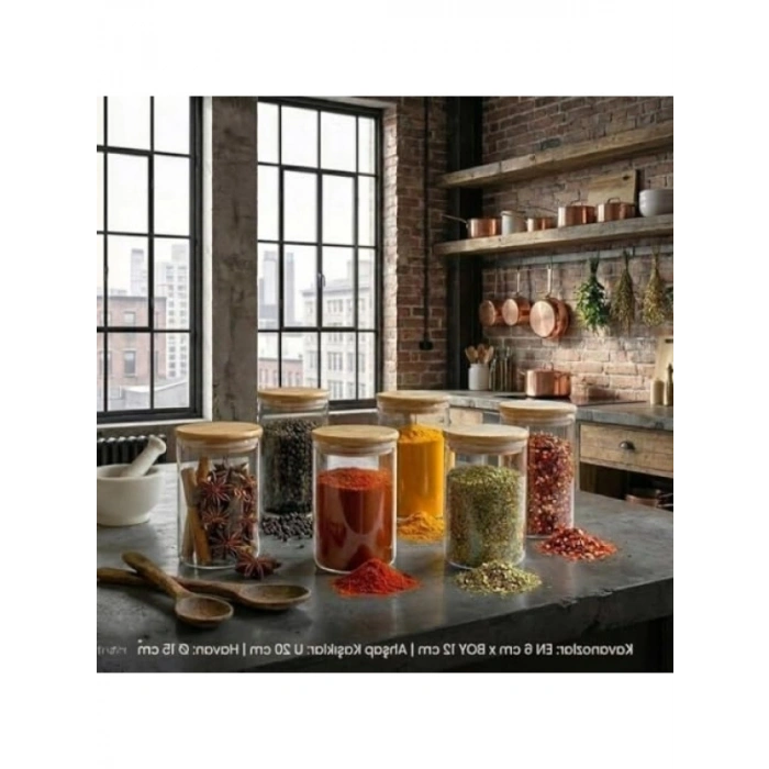 Hava Geçirmez Bambu Kapaklı Cam Kavanoz Seti, 6x12 cm