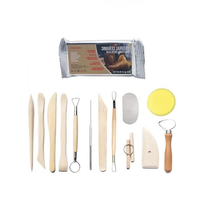 Hava ile Kuruyan Doğal Seramik Kil + Ebeşuar (Şekillendirme) Seti | Pişmeyen Heykel Hobi Çömlek 13 Parçalı Seramik Aleti Seti Çocuk Yetişkin El Sanatı Model yapımı 250 gr natural TerraCotta kil ile