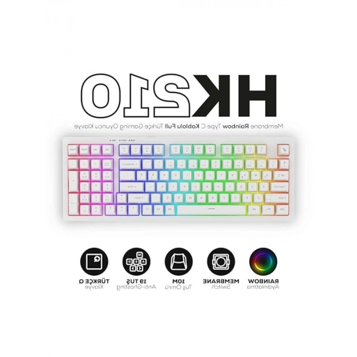Hawk Gaming HK210 Membrane Rainbow Type C Kablolu Full Türkçe Gaming Klavye (Beyaz)