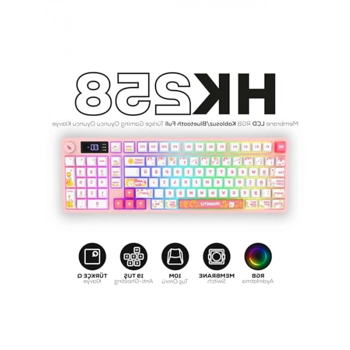 Hawk Gaming HK258 Membrane LCD RGB Kablosuz/Bluetooth Siyah Turuncu Full Türkçe Gaming Klavye (Beyaz Pembe)