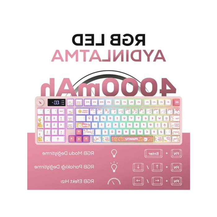 Hawk Gaming HK258 Membrane LCD RGB Kablosuz/Bluetooth Siyah Turuncu Full Türkçe Gaming Klavye (Beyaz Pembe)