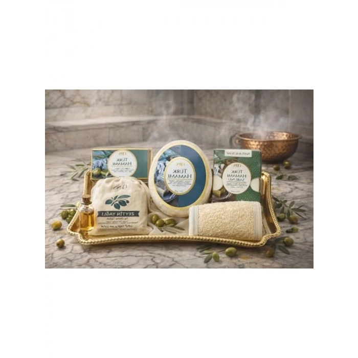 Hediye Banyo Seti – 4 Türk Hamam Sabunu, 1 Süngerli Sabun ve Kese ile Tepsi