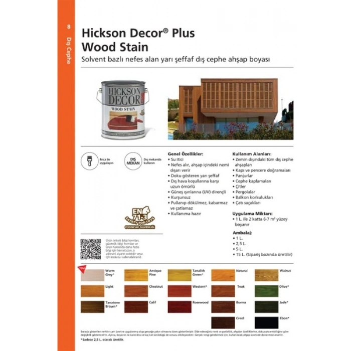 HEMEL HİCKSON DECOR SOLVENT BAZLI RENK CİLA BİRLEŞİK DIŞ MEKAN BOYASI 5 LT