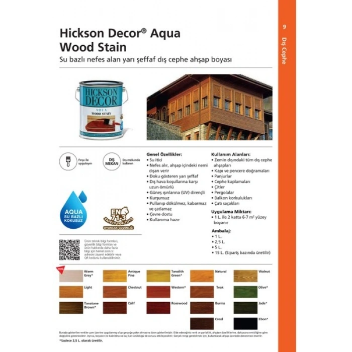 HEMEL HİCKSON DECOR SU BAZLI - AQUA RENK CİLA BİRLEŞİK DIŞ MEKAN BOYASI 1 LT