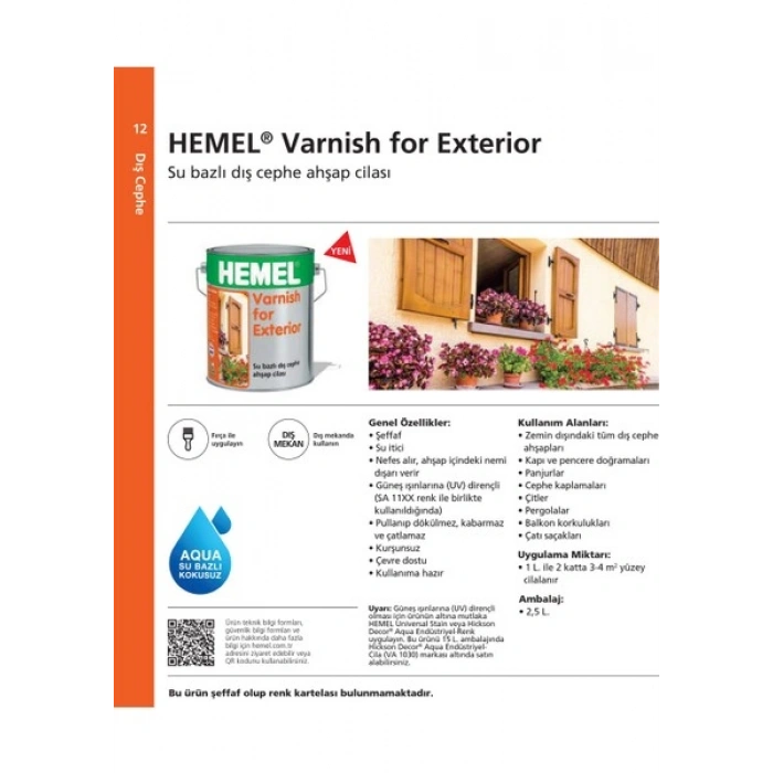 HEMEL Varnish For Exterior Su Bazlı Aqua Cila Dış Mekan 2.5 Lt