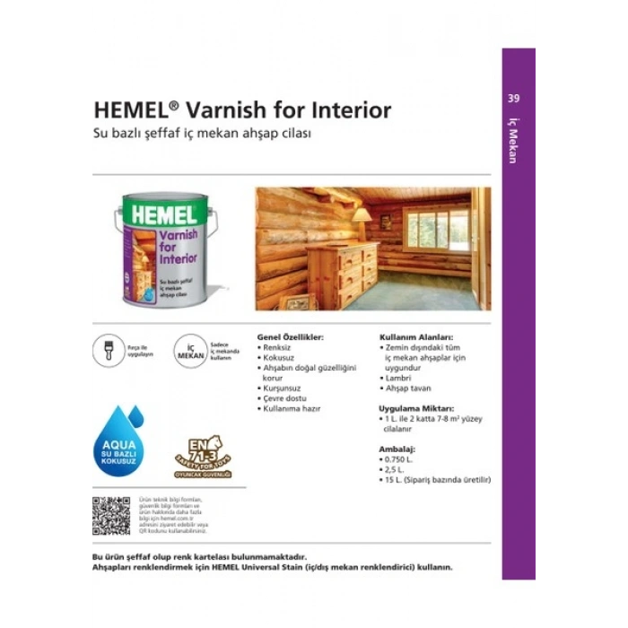 HEMEL Varnish For Interior Su Bazlı Aqua Cila İç Mekan 2.5 Lt