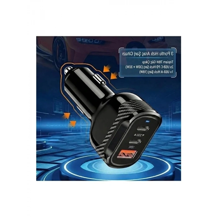 Hızlı Şarj Destekli Araç Çakmaklığı, 2x Type-C ve 1x USB Girişi ile 3A Güç