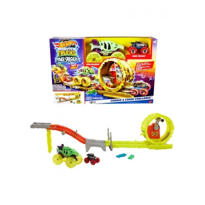 Hot Wheels Monster Trucks Power Smashers Oyun Seti, Devasa Skelesaurus, 1:64 ölçekli Bone Shaker ve 2 ezilmiş araba ile HXT05