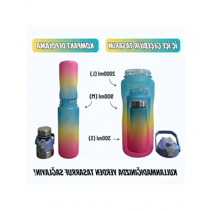 İç İçe Geçebilir Motivasyonel Matara Seti, 2000ml ve 900ml Kapasite
