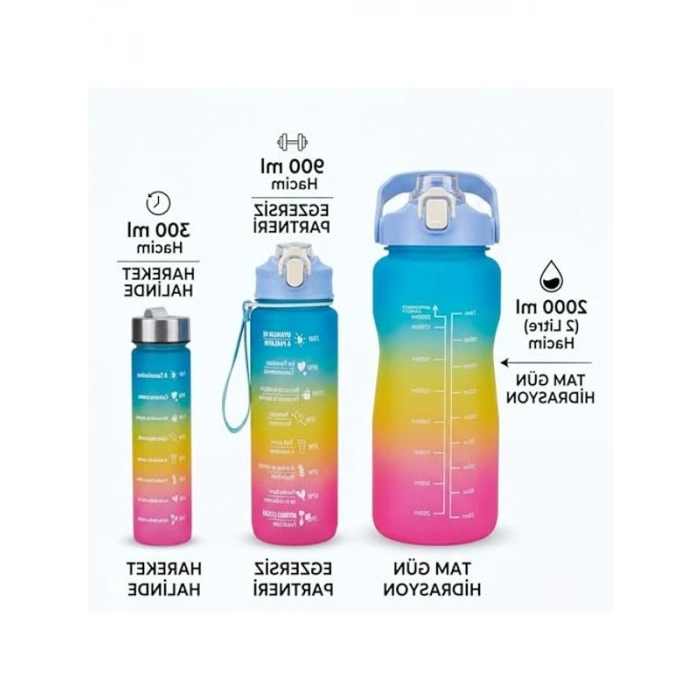 İç İçe Geçebilir Motivasyonel Matara Seti, 2000ml ve 900ml Kapasite