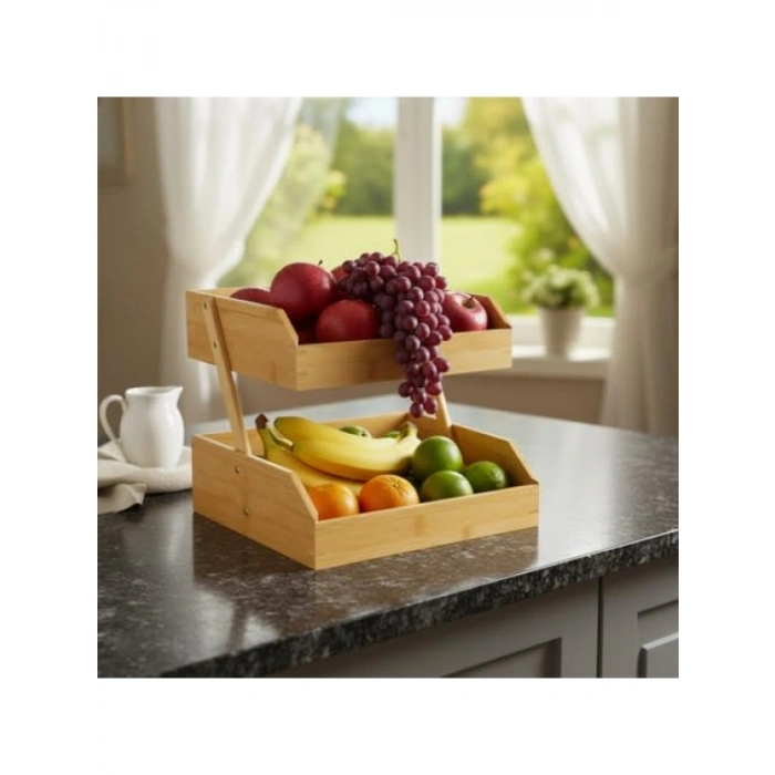 İki Katlı Dekoratif Organizer, Doğal Bambu, 26x32x23 cm