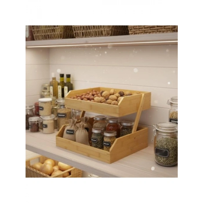 İki Katlı Dekoratif Organizer, Doğal Bambu, 26x32x23 cm