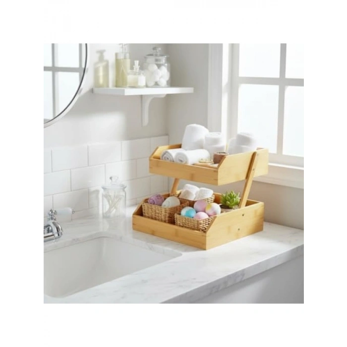 İki Katlı Dekoratif Organizer, Doğal Bambu, 26x32x23 cm