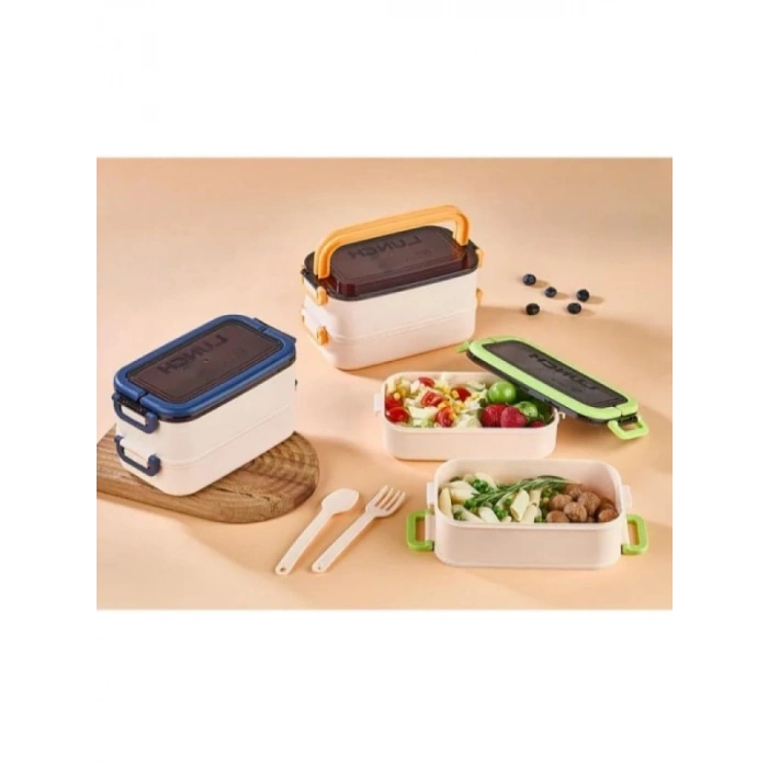 İki Katlı Sızdırmaz Beslenme Kabı - Kaşık ve Çatal Dahil