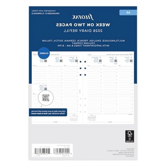 İki sayfada A5 hafta, 5 dilde randevular, 2026 ajandası, 26 – 68514