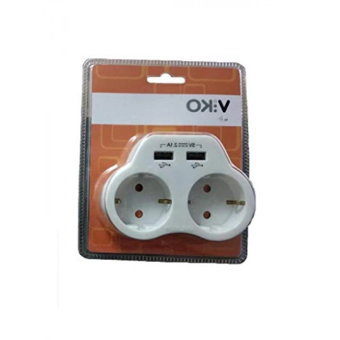 İkili Topraklı Priz - USB Çıkışlı, 2A, Beyaz