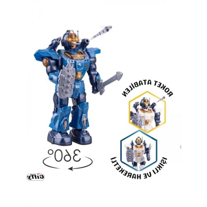 İnteraktif Müzikli Robot - Işıklı ve Dans Eden Roket Atan Robot (Mavi)