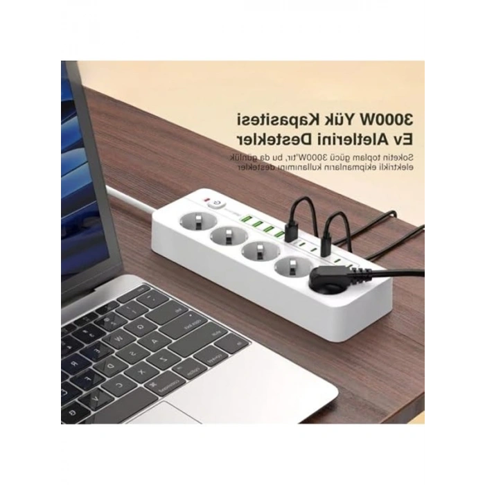 Isıya Dayanıklı 5li Grup Priz, 5xUSB ve 5xType-C Çıkışlı, 4 Metre Kablolu