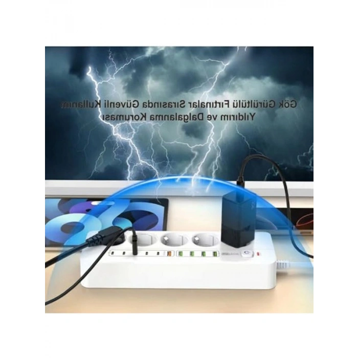 Isıya Dayanıklı 5li Grup Priz, 5xUSB ve 5xType-C Çıkışlı, 4 Metre Kablolu