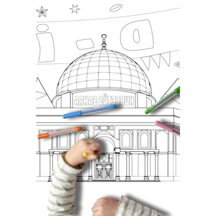 İslami Temalı Dev Boyama Kağıdı Rulosu - Mescid-i Aksa ve Kâbe Desenli