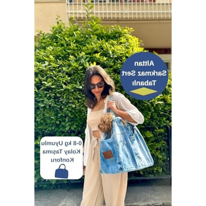 Jean Kumaşlı Köpek Taşıma Çantası - 0-8 Kg Kapasite