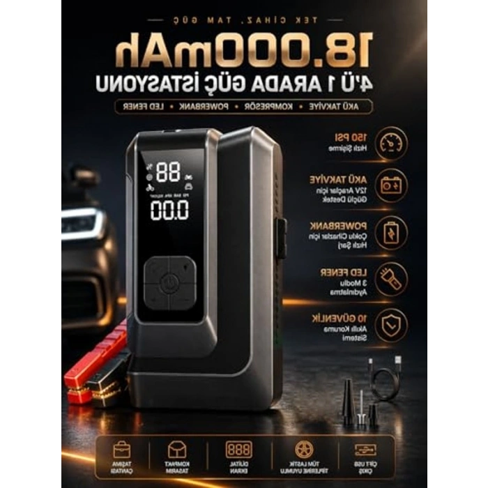 Jump Starter ve Hava Kompresörü, 18000mAh Araç Destek Cihazı
