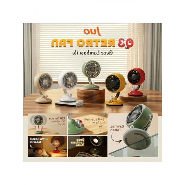 Juo Q3 120° Salınımlı 3 Kademeli LED Işıklı Şarjlı Masaüstü Fan Vantilatör Retro Yeşil